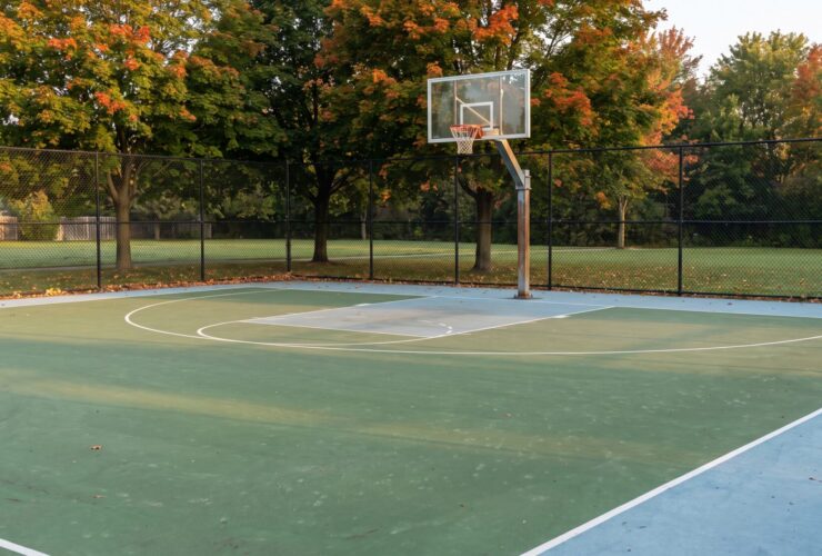 Outdoor acrylic basketball court with a single hoop and black chain-link fence on an autumn morning in Ontario