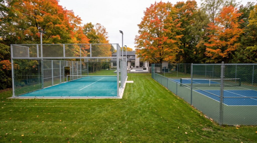 Glass-enclosed padel court beside an open fenced pickleball court in an Ontario backyard in autumn