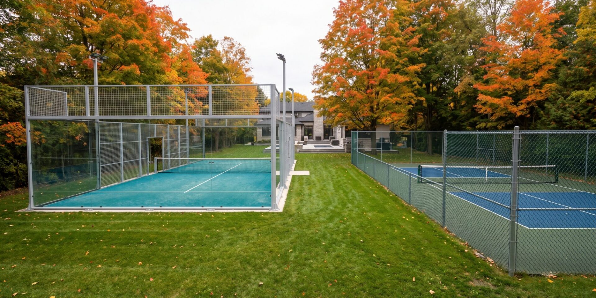 Glass-enclosed padel court beside an open fenced pickleball court in an Ontario backyard in autumn
