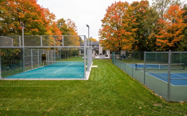 Glass-enclosed padel court beside an open fenced pickleball court in an Ontario backyard in autumn