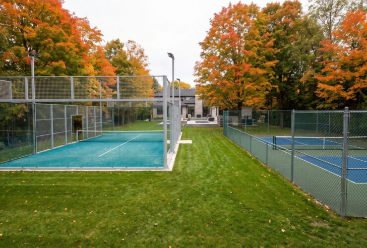 Glass-enclosed padel court beside an open fenced pickleball court in an Ontario backyard in autumn