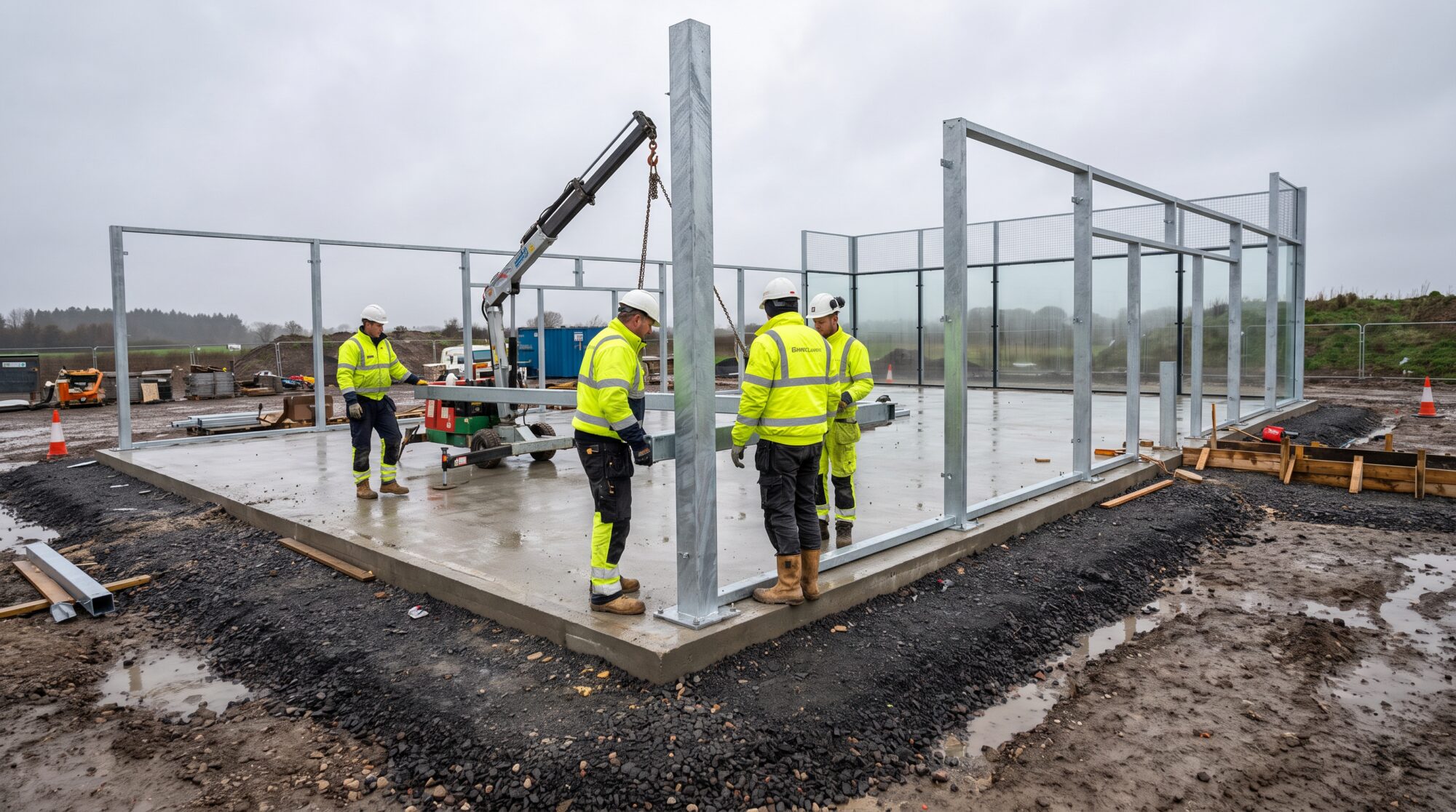 Crew in hard hats erecting a galvanized steel frame and glass panels around a concrete padel court slab
