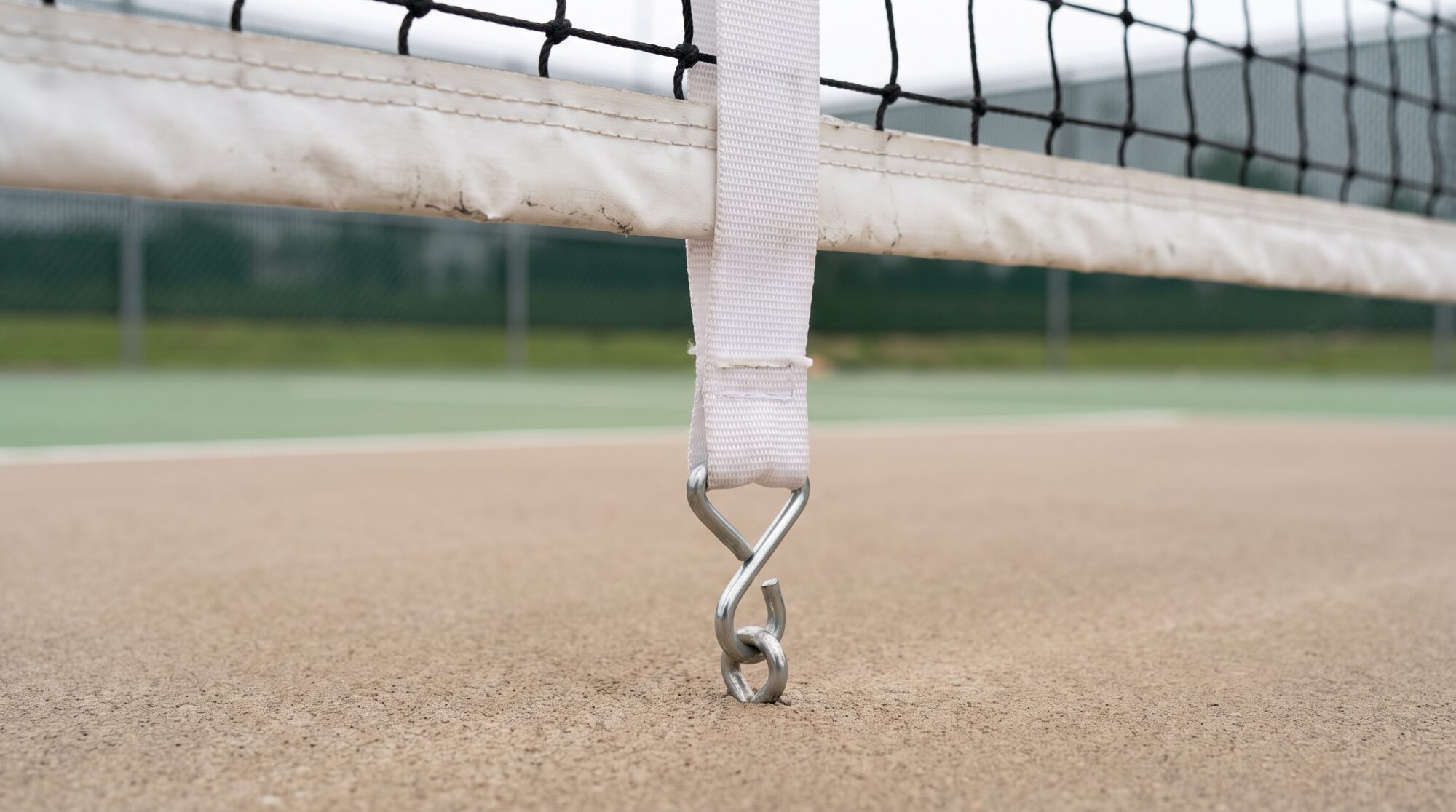 A white center strap anchored to an acrylic court surface holding a pickleball net down with white tape binding along the top cord