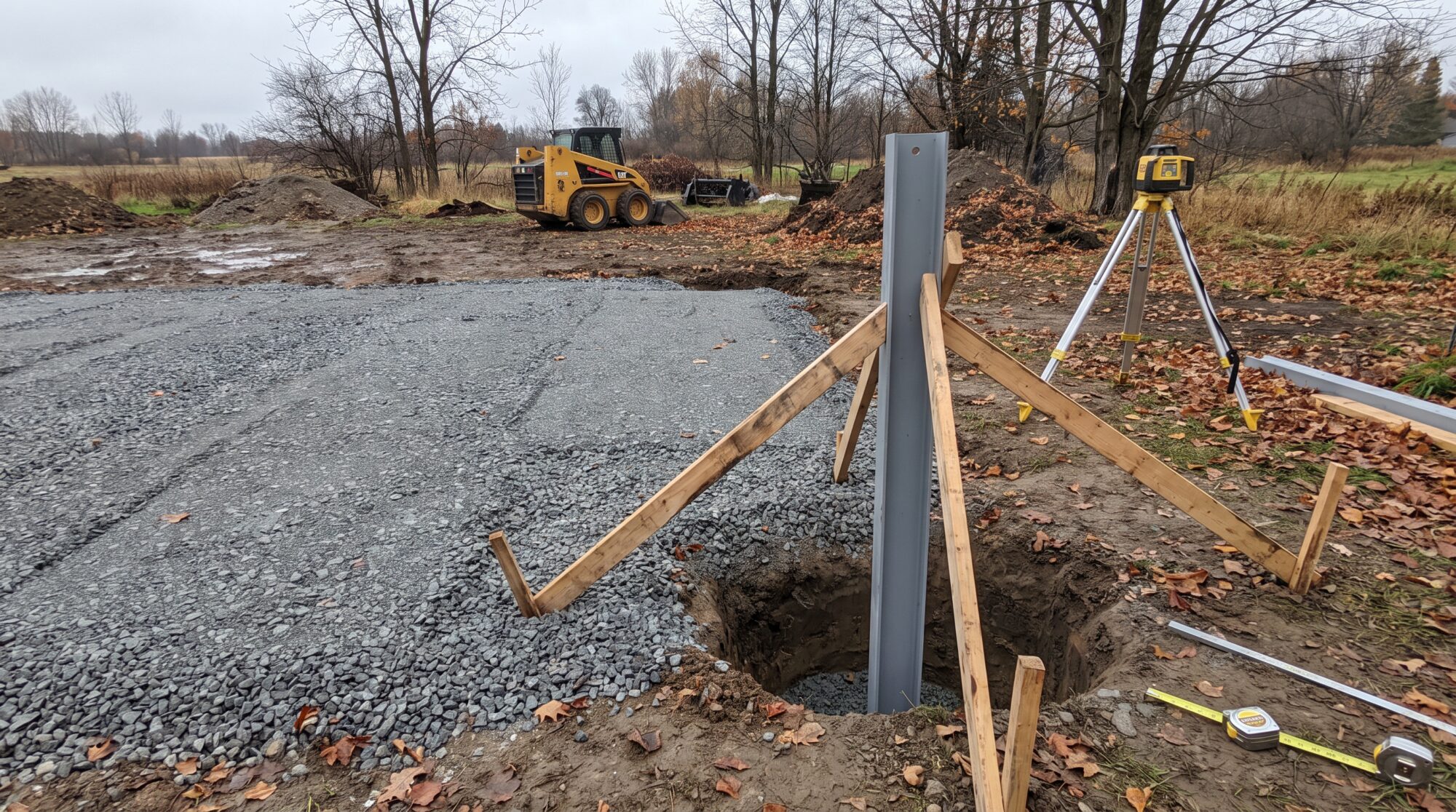 A steel post sleeve braced plumb in a round footing hole beside a compacted stone base with a laser level nearby during pickleball court construction