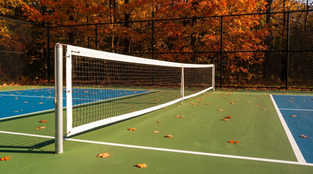 A pickleball net hanging below tennis height on slim round posts beside a green and blue acrylic court in an Ontario backyard in autumn