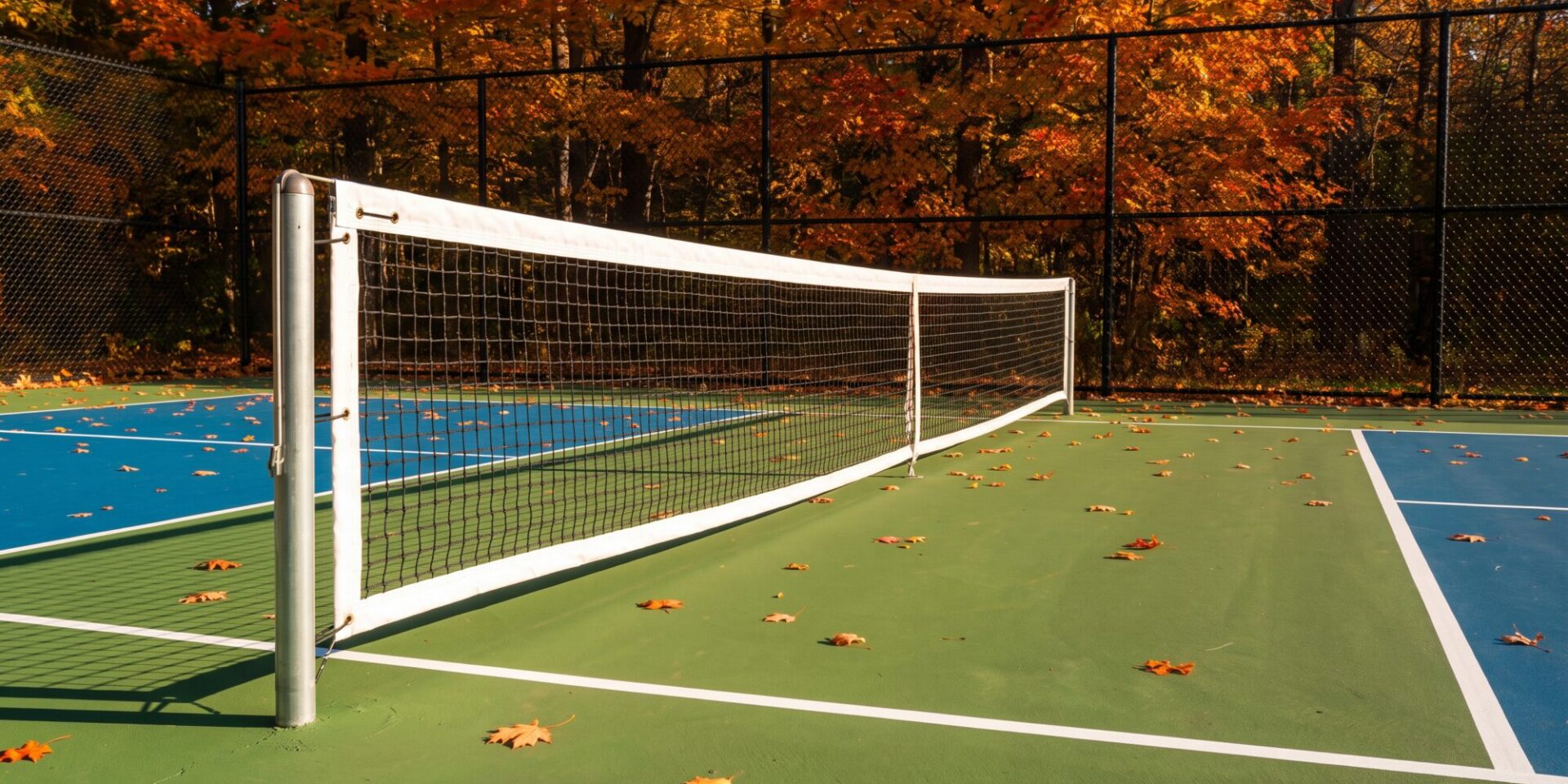A pickleball net hanging below tennis height on slim round posts beside a green and blue acrylic court in an Ontario backyard in autumn