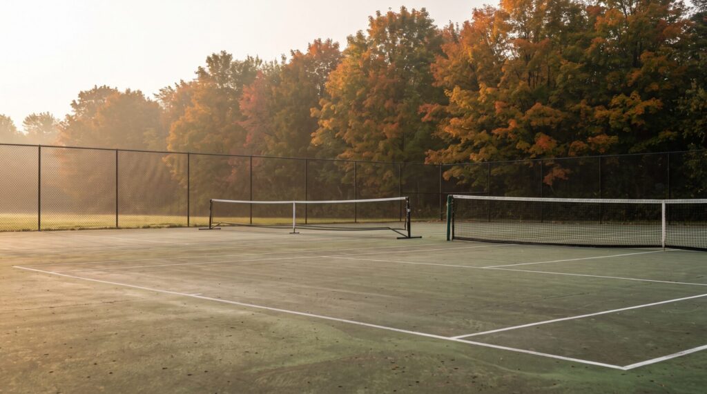 Outdoor acrylic tennis court on an autumn morning with a portable pickleball net set up beside the full-height tennis net