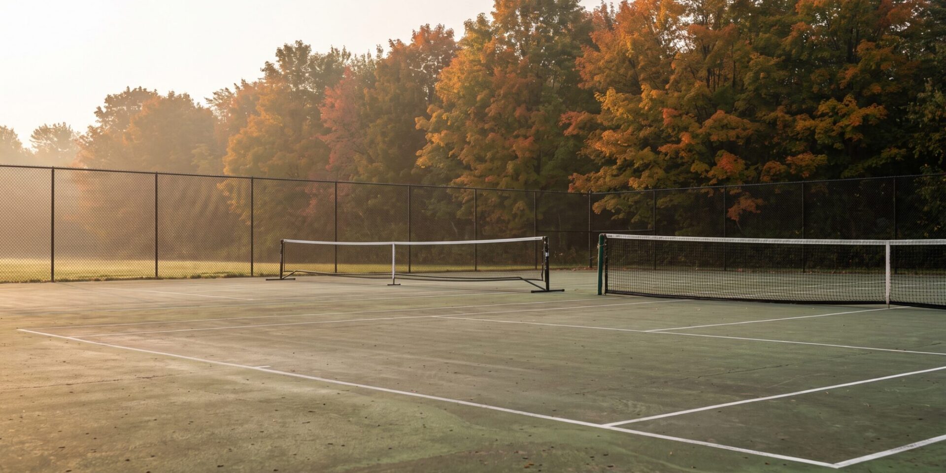 Outdoor acrylic tennis court on an autumn morning with a portable pickleball net set up beside the full-height tennis net