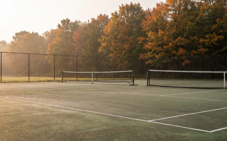 Outdoor acrylic tennis court on an autumn morning with a portable pickleball net set up beside the full-height tennis net