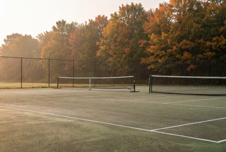 Outdoor acrylic tennis court on an autumn morning with a portable pickleball net set up beside the full-height tennis net