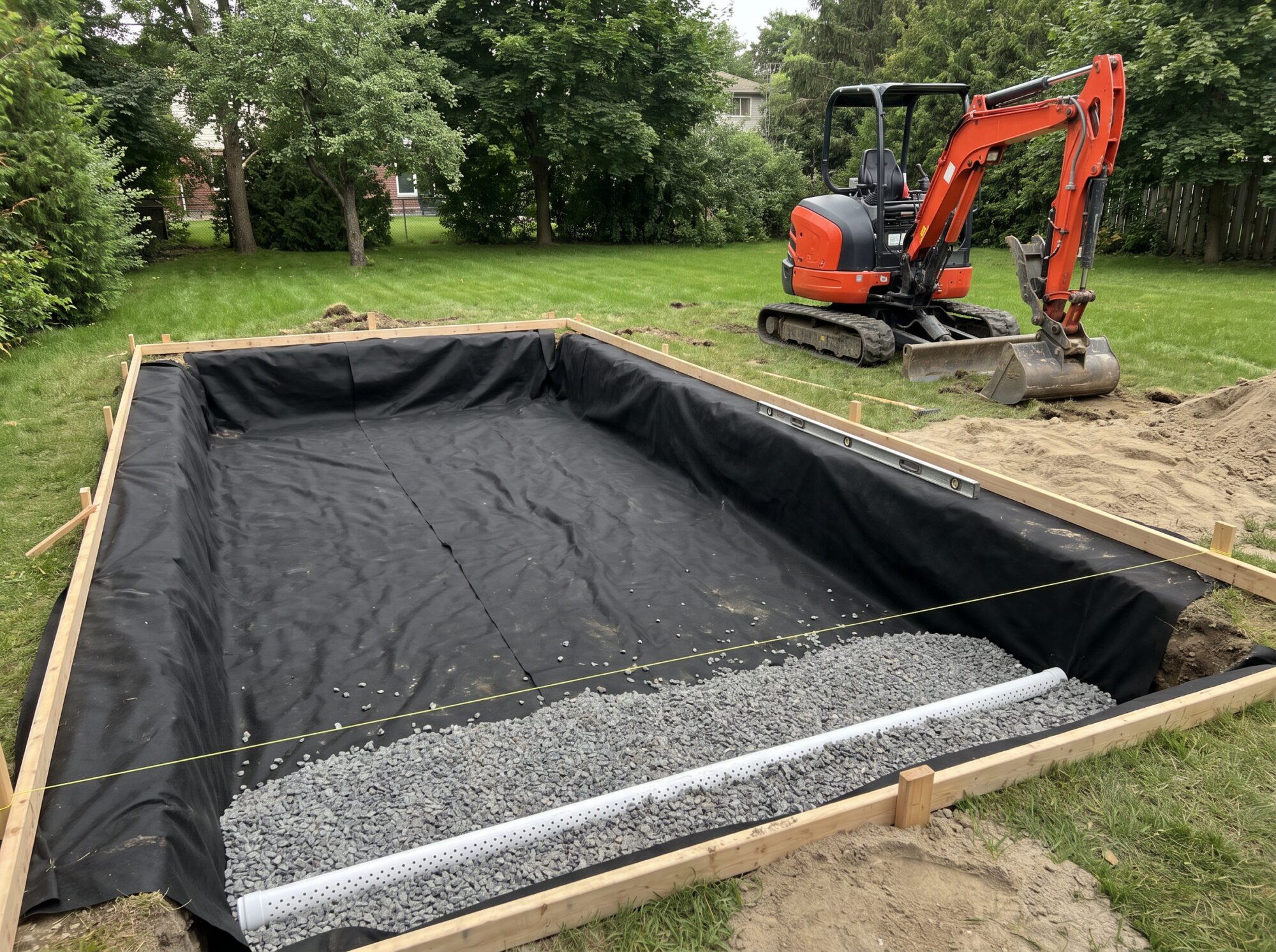 Excavated volleyball court pit lined with geotextile and clean stone with a perforated drain pipe and wooden edge forms